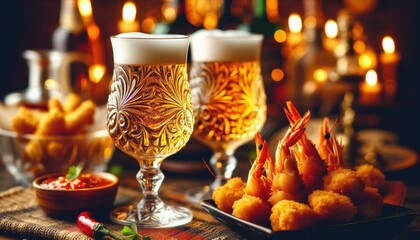 Two crystal beer glasses filled with golden lager, intricate rosette patterns etched on the glasses, a plate of breaded fried shrimp or prawns with a spicy chili sauce, blurred liquor bottles in the b