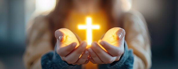 A person holds a glowing cross, symbolizing faith and hope, showcasing spirituality and devotion in a serene environment.