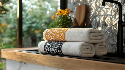 Wall Mural - Custom printed kitchen towel set with family initials, stylish home gift, 3D illustration