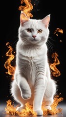 Wall Mural - White cat fire elemental in black