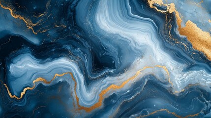 Poster - Abstract Blue and Gold Swirling Liquid Art