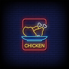 Wall Mural - chicken neon sign vector with brick wall background 