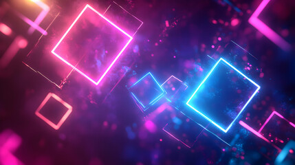 Abstract background with glowing neon squares and particles.