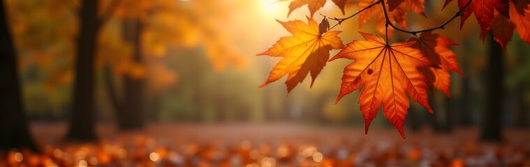 Canvas Print - Close-up of orange maple leaves glowing in autumn sunlight with a forest backdrop