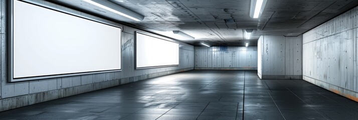 Mockup of advertising banners in an underground tunnel featuring out-of-home media display space and lightbox.