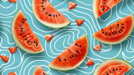 Seamless pattern of floating watermelon slices on a light blue background. Ideal for refreshing, summery, and vibrant designs.