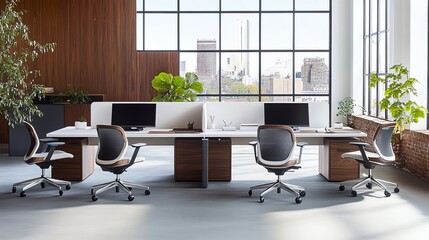 Poster - Modern Office Workspace with City Views and Plants