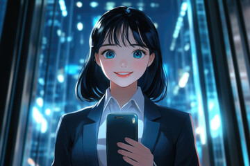 Poster - A cute Japanese woman in an office suit, smiling and standing by the window with her hand on it