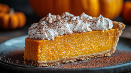 Wall Mural - Close-up of a slice of pumpkin pie with whipped cream and cocoa powder.