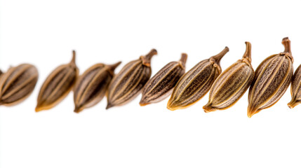 Close-up view of dried spice seeds arranged in a row on a white background, highlighting their rich texture and natural patterns