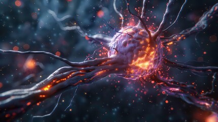 Poster - abstract 3d rendering of a glowing neuron with a dark background.