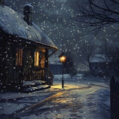 Wall Mural - A house in the village, in winter, at night, a lantern is shining, AI Generative