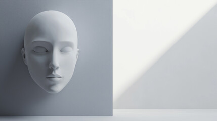 A minimalist white sculpture resembling a face is positioned against a light gray wall, providing a tranquil aesthetic with clear space for text or branding, copy space