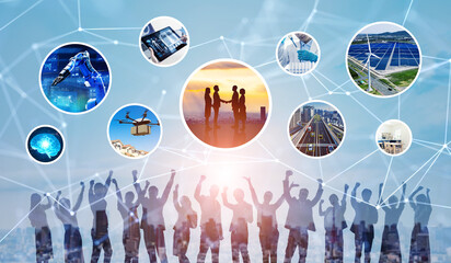 Poster - Concept of a network of various technologies related to society. Wide angle visual for banners or advertisements.