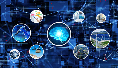 Poster - Concept of network of various technologies and AI(artificial intelligence). Wide angle visual for banners or advertisements.