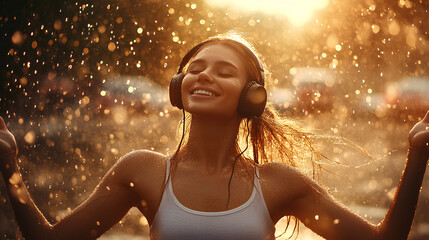 Woman wearing headphones in the rain