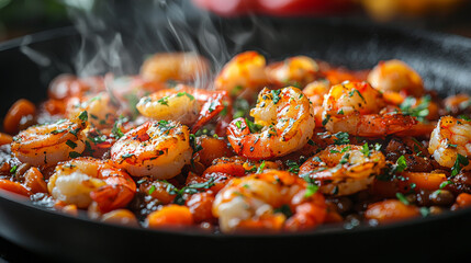 Closeup of shrimp and vegetables cooking in a pan.