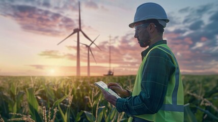 A photograph of a modern wind farm, There is an engineer working with a digital tablet, standing behind in the foreground, towering wind turbines, AI Generative