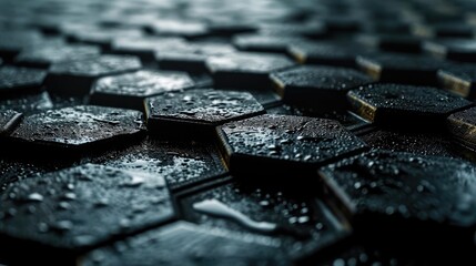 Fototapete - Close-up of raindrops on a dark tile floor with a watermark effect that gives it an artistic,