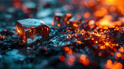 Fototapete - A close-up photo of melting crystals in a magma-like substance, possibly molten glass or lava,