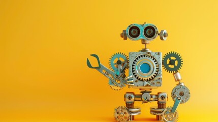 Poster - A silver robot made of gears and cogs holding a wrench stands on a yellow background.