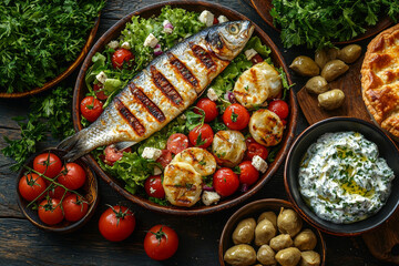 Grilled fish with salad, tomatoes, and grilled cheese.