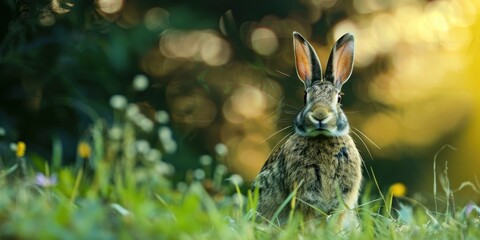 Portrait of a Rabbit with blurred wildflower meadow background, copy space, cinematic. 