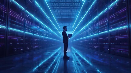 Poster - A silhouette of a man standing in a server room with rows of servers and blue lights.