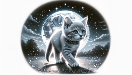 Wall Mural - A close-up image of a gray kitten walking under a full moon with a clear sky filled with stars.