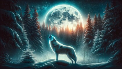 Wall Mural - A lone wolf howling at a full moon in a snowy forest.