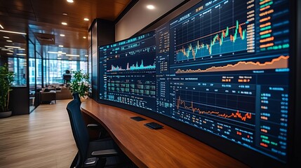 Wall Mural - Stock Market Data Displayed on a Large Monitor in a Modern Office