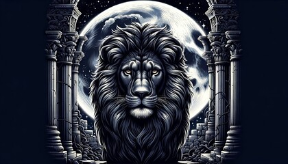 Wall Mural - A majestic lion with a dark, almost black mane and intense amber eyes, under a full moon in a starlit sky, surrounded by ancient ruins.