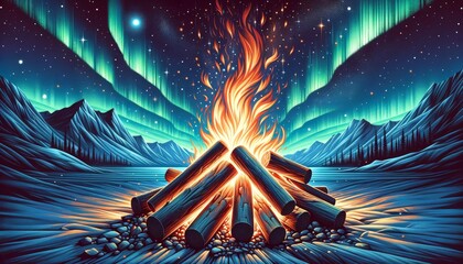 Wall Mural - A close-up of a roaring campfire with sparks flying under a clear night sky filled with stars and the Northern Lights in the background.