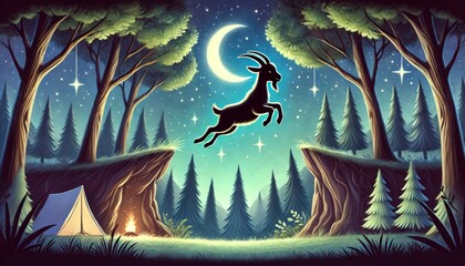 A playful goat leaping between two tree cliffs, illuminated by a glowing crescent moon and surrounded by a starry night sky.