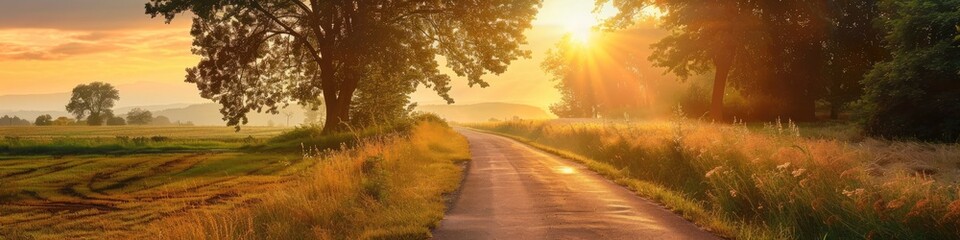 Wall Mural - Morning or Evening Sunlight Illuminating a Rural Asphalt Road on a Clear Day with a Scenic Pathway During Summer or Autumn