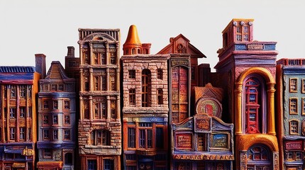 Illustration drawing showing buildings, created using colored pencils isolated on a clean white background