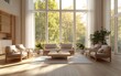 © AhmadTriwahyuutomo - Natural Modern Living Room with Light Wood Flooring, Minimalist Furniture, and Large Windows for a Bright and Comfortable Design