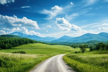 natural landscape of green mountains and country road under blue sky