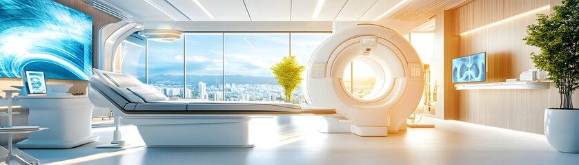 Poster - Modern Hospital Interior with MRI Machine and City View.