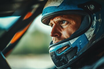 Serious rally driver with helmet looking forward through car window at racing competition