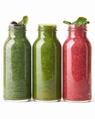 Smoothie jars filled with green, berry, and tropical blends, promoting plantbased diets and healthy eating, vibrant and refreshing, isolated background