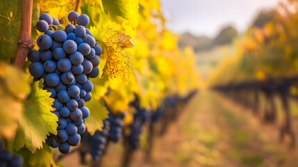 Grapes ripen in a sun-kissed vineyard, surrounded by golden leaves as harvest time approaches, showcasing the beauty of the season's bounty, copy space