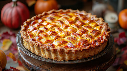 Wall Mural - A golden brown apple pie sits on a rustic wooden table, ready to be enjoyed.