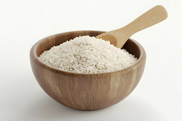 Organic rice, in a bowl with wooden spoon, 3D illustration