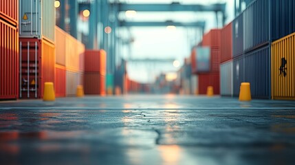 Wall Mural - Wet Concrete Floor in Front of Colorful Shipping Containers