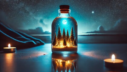 A clear bottle with a miniature forest of glowing trees inside, surrounded by moonlight.