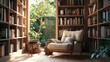 © Saiyon - Cozy reading nook with built-in bookshelves, a comfortable armchair, and a small side table, illuminated by natural light from a nearby window