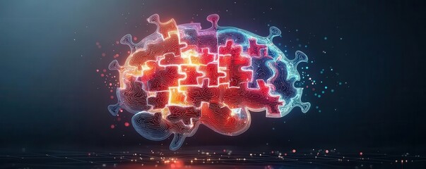 A digital illustration of a colorful puzzle brain, symbolizing creativity, problem-solving, and cognitive processes in a modern context.