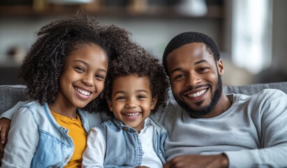 A happy black colored family with two children sitting on the sofa at home, laughing and playing together in the living room. High-quality, realistic photograph. 