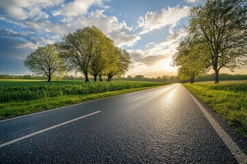 spring evening countryside panorama with asphalt road